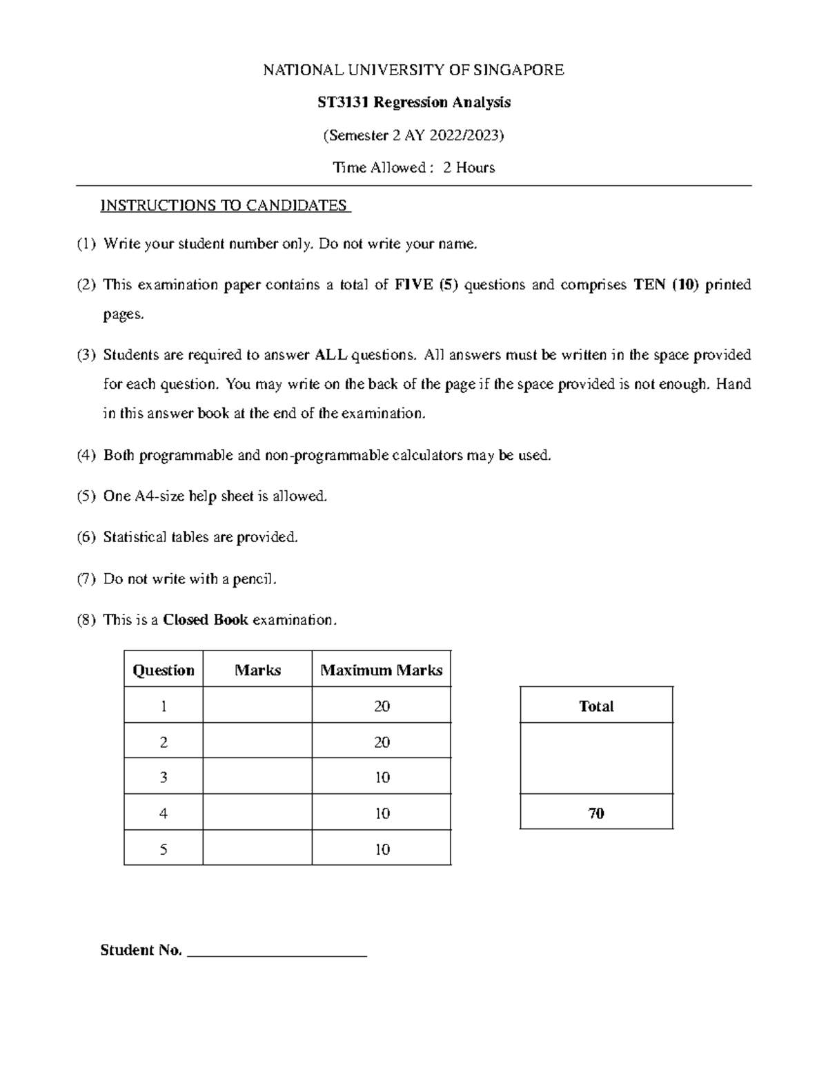 ST3131 Final Exam: Regression Analysis April 2023 - Studocu