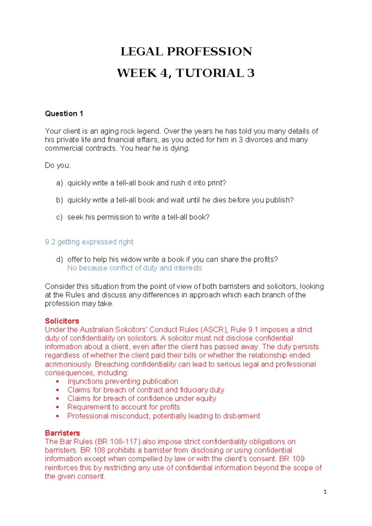 Legal Profession Tutorial Week 4: Ethics and Privilege in Practice ...