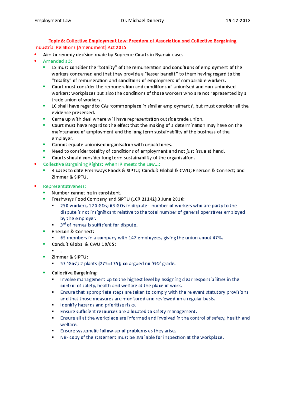 Employment Law Lecture Notes - Collective Bargaining Insights (EL 2018 ...