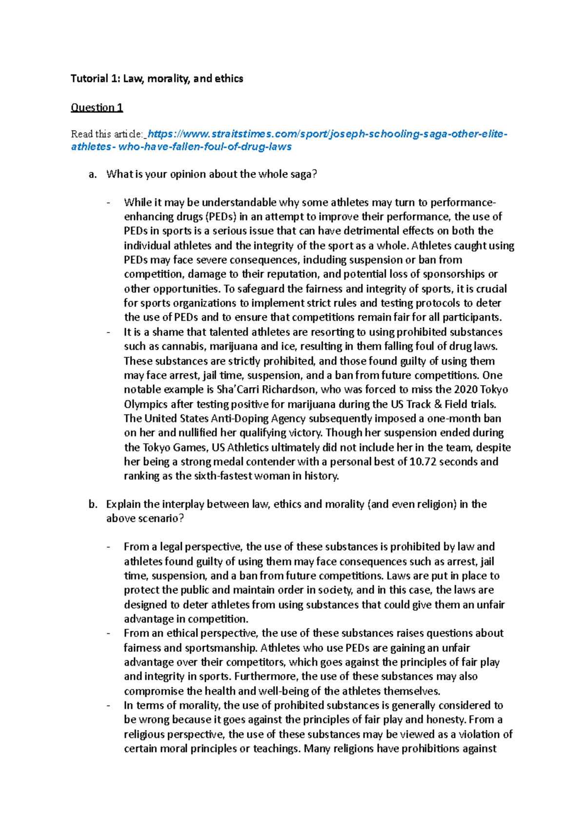 Tutorial 1 - Law, Morality, and Ethics in Sports Context - Studocu