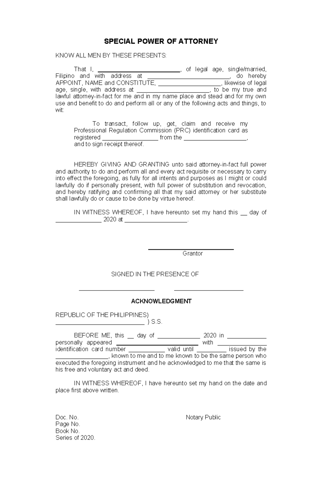 PRC ID Acquisition Special Power of Attorney Template - Studocu
