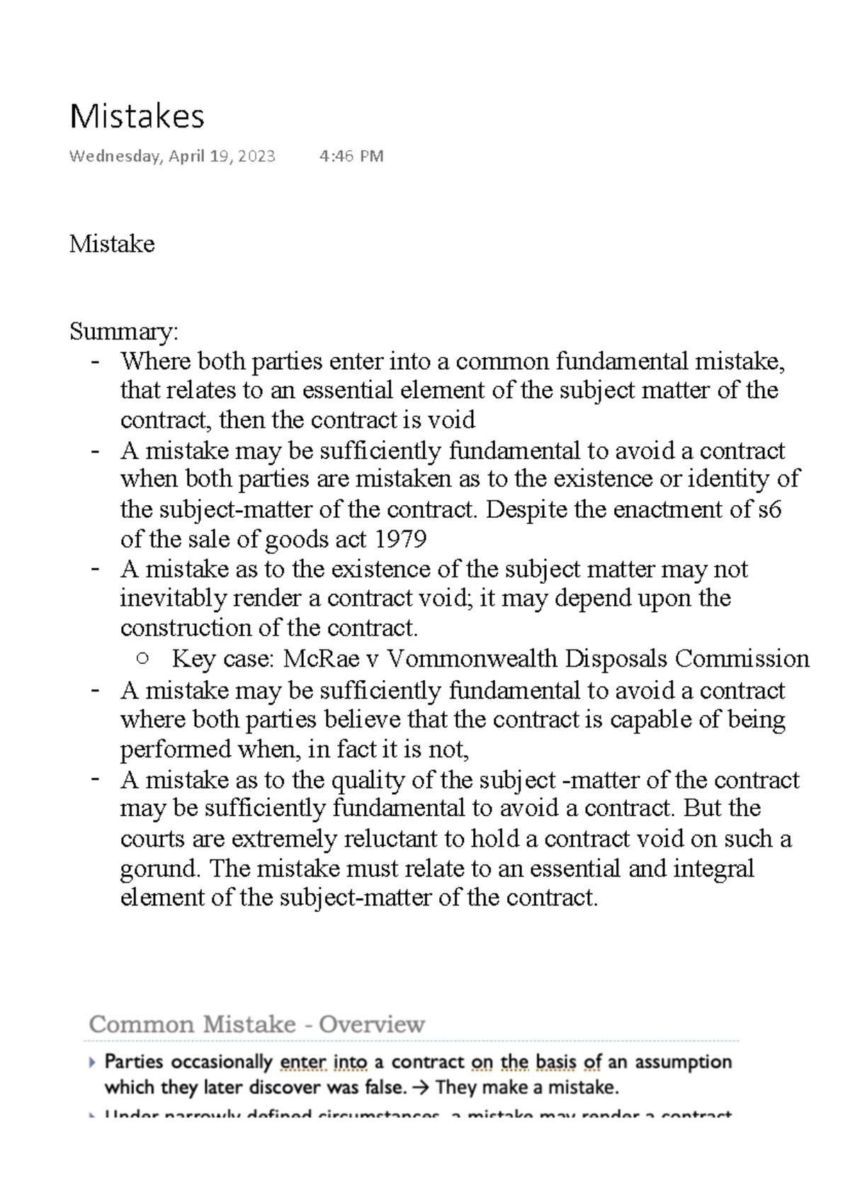 Contract Law: Common Mistakes - Lecture Notes (Law 101) - Studocu