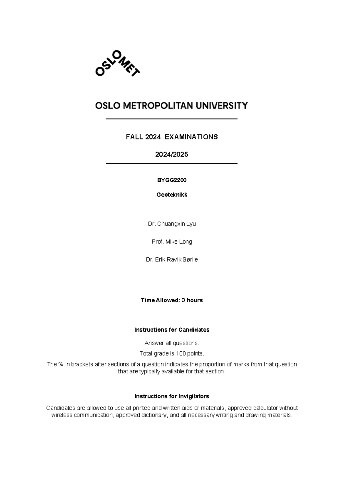 Exam - BYGG2200 - Fall 2024 - Geotechnical Engineering Questions - Studocu