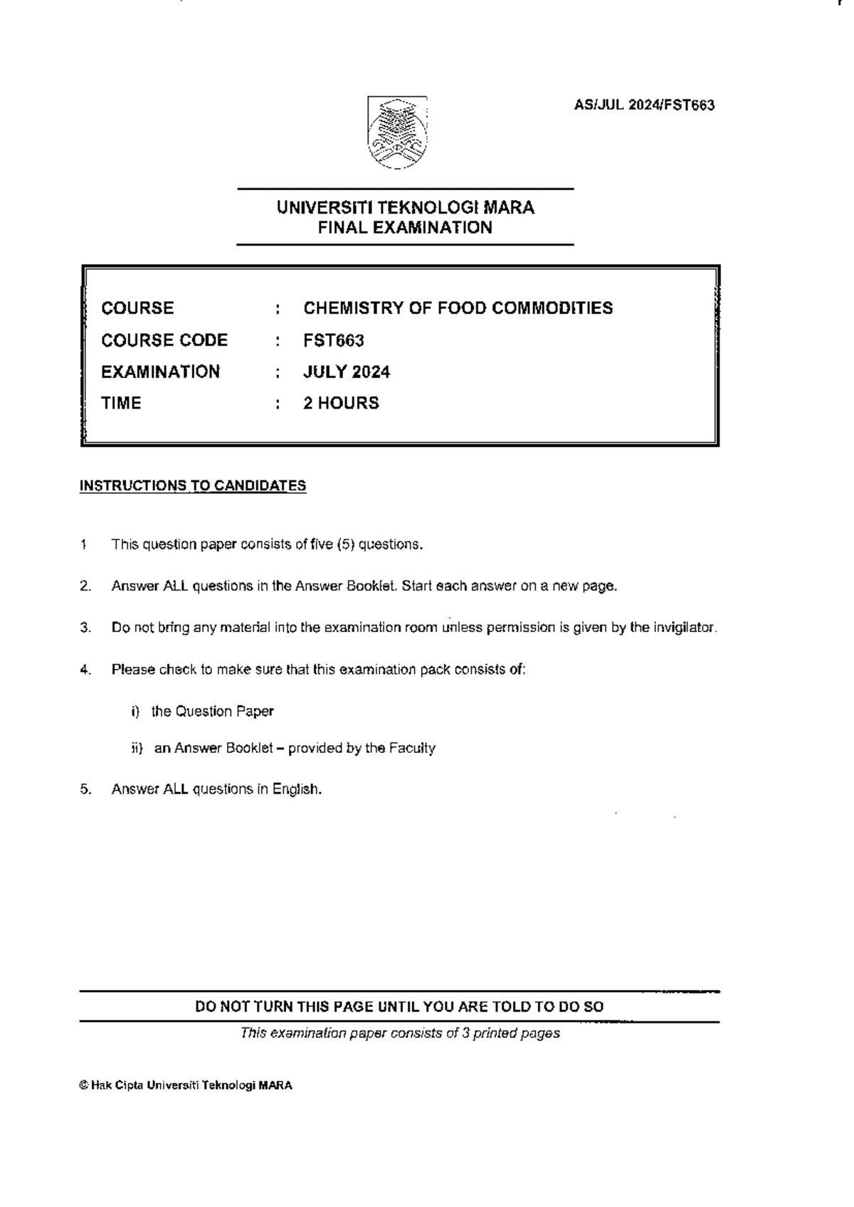 FST663 - Final Exam: Food Chemistry II Examination Paper February 2023 ...