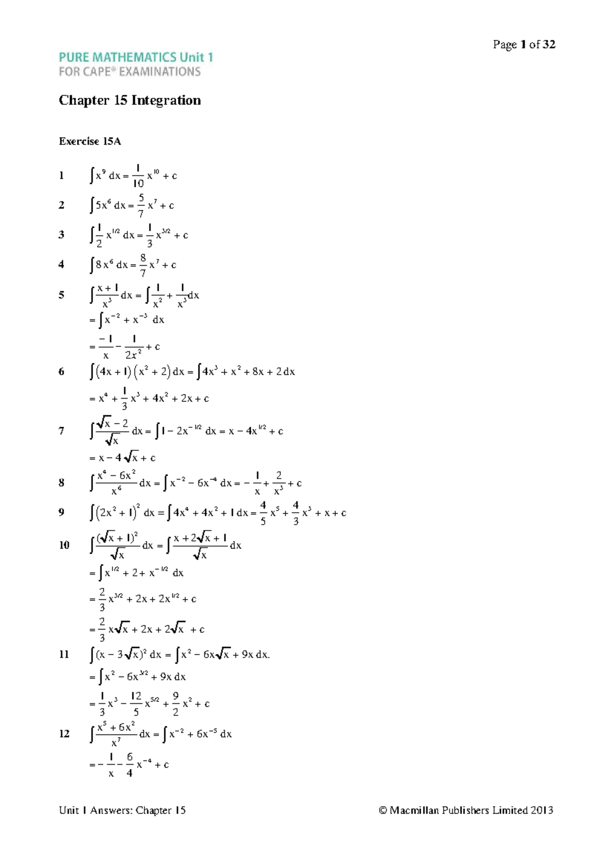 MATH 101: Chapter 15 Integration Exercise Answers - Studocu