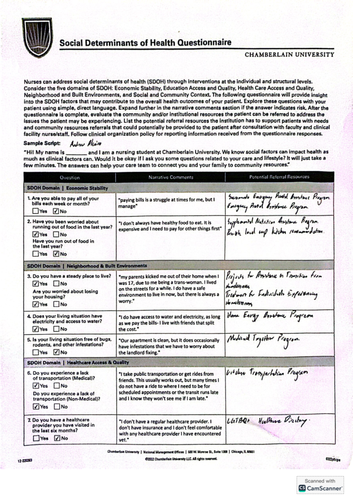 DSOH - Social Determinants of Health Questionnaire Worksheet - Studocu