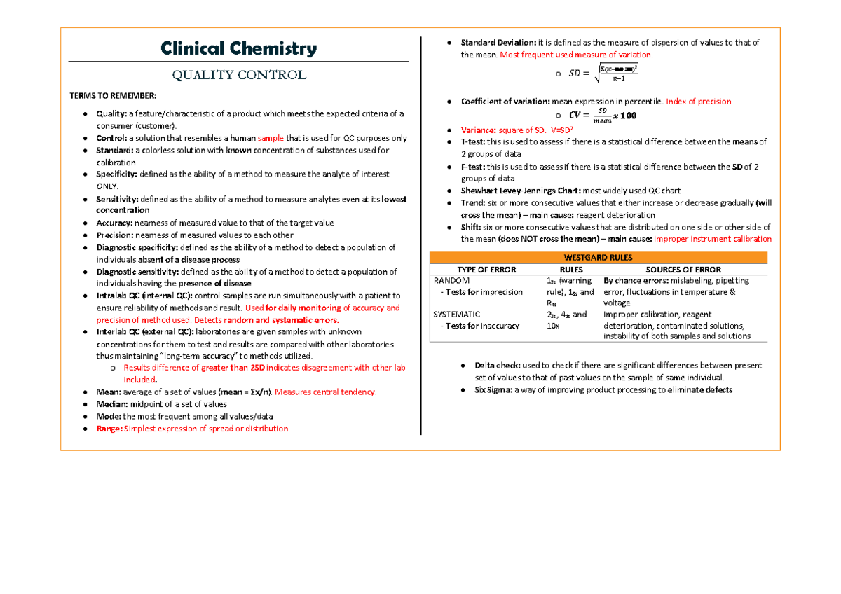 Clinical Chemistry Lecture Notes: Key Concepts and Quality Control ...