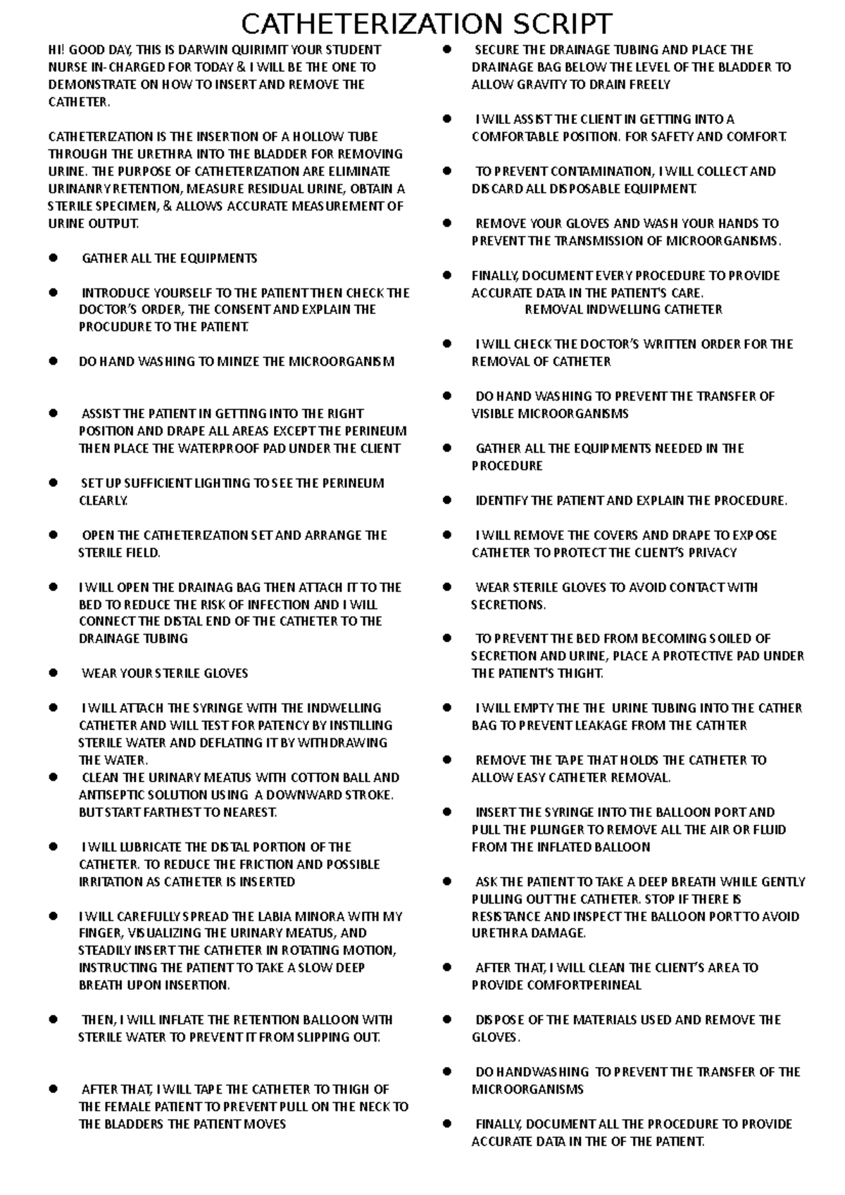 Catheterization Procedure Script for Nursing Course (NURS 101) - Studocu