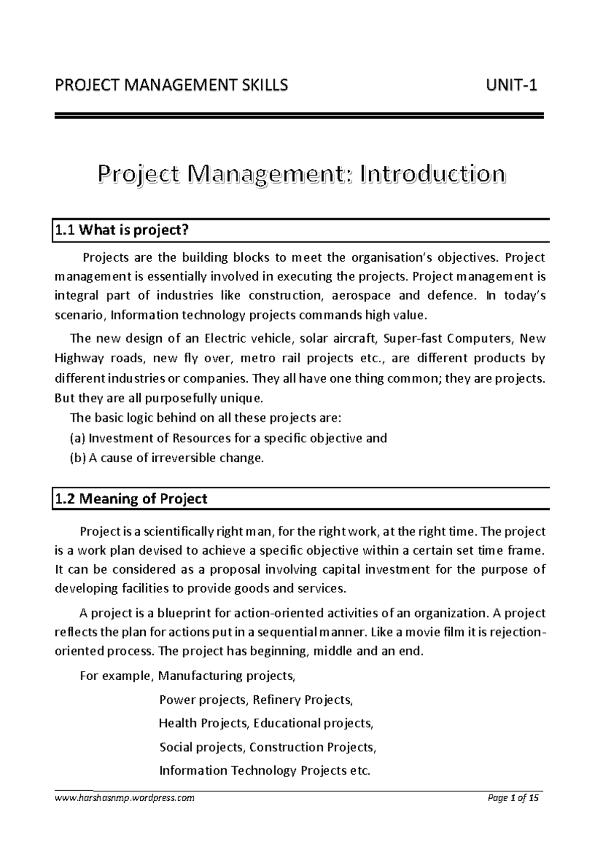 Project Management Skills: Unit 1 Notes Overview and Key Concepts - Studocu