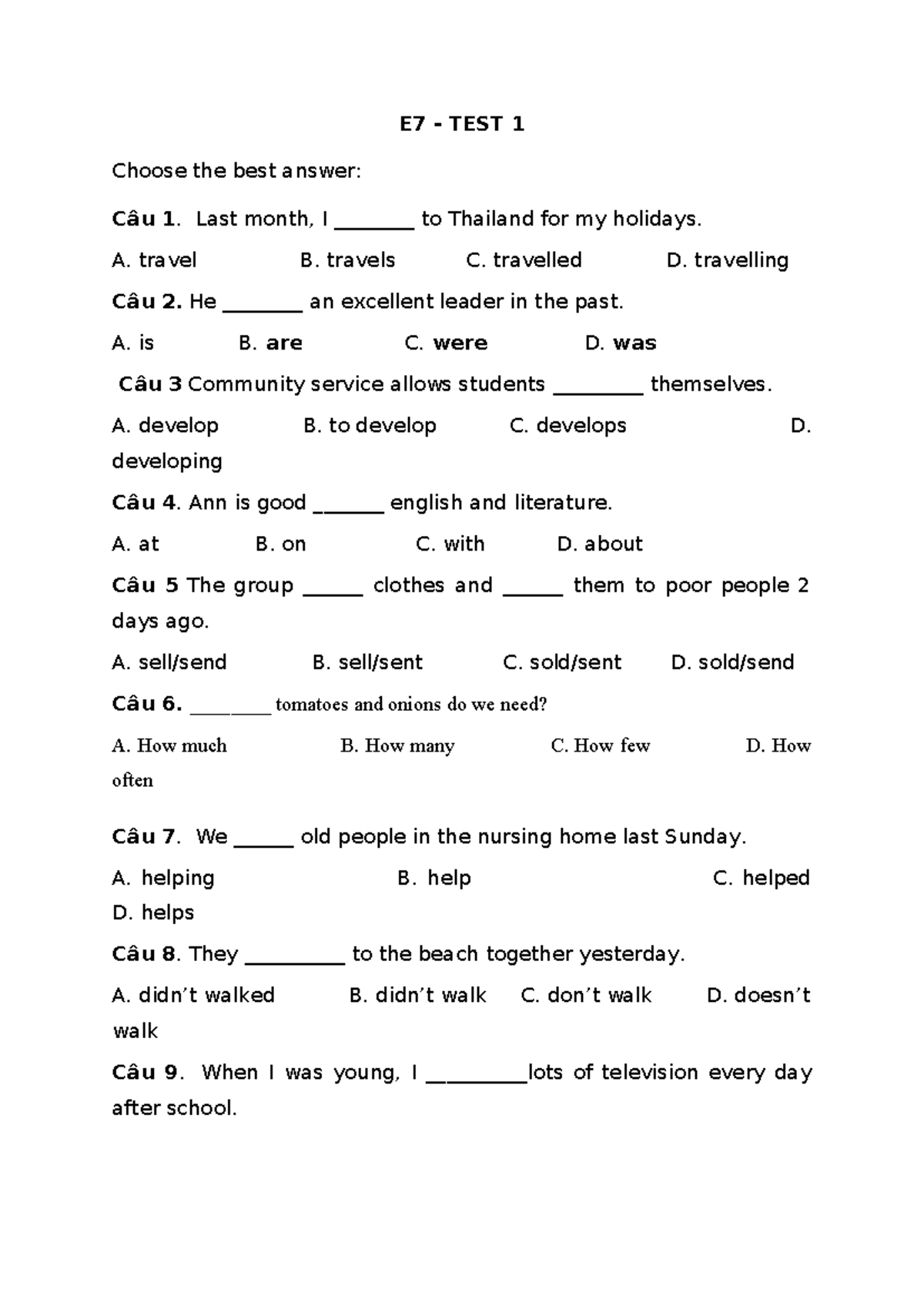 E7 MINI TEST - Grade 7 English Language Assessment - Studocu