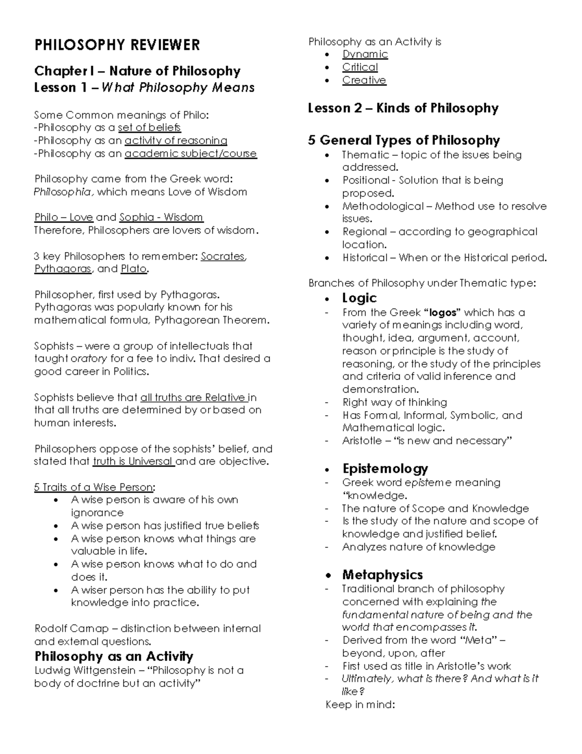 PHIL 101: Comprehensive Reviewer for Introduction to Philosophy - Studocu