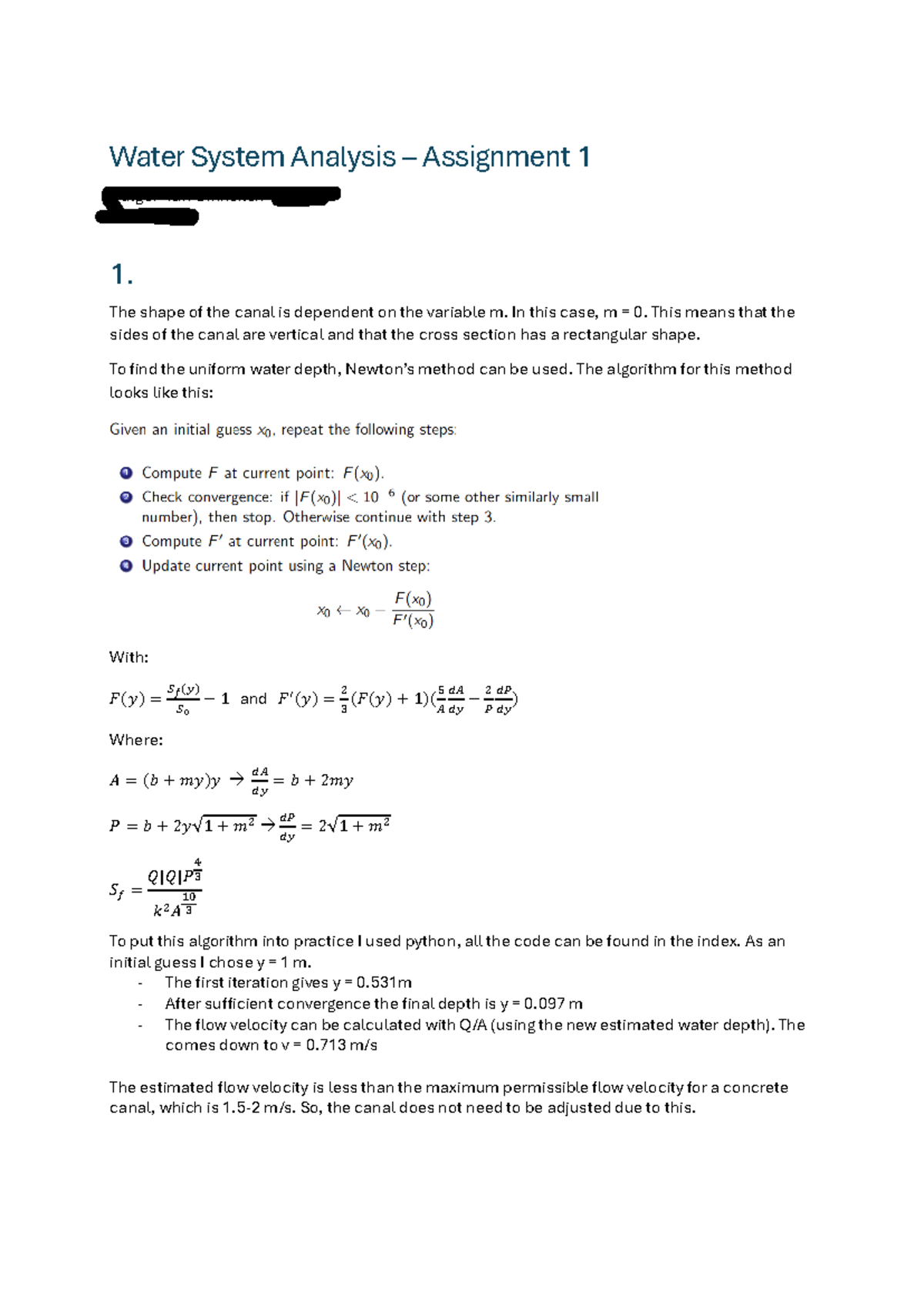 Water System Analysis: Assignment 1 - Canal Depth and Flow Calculations ...