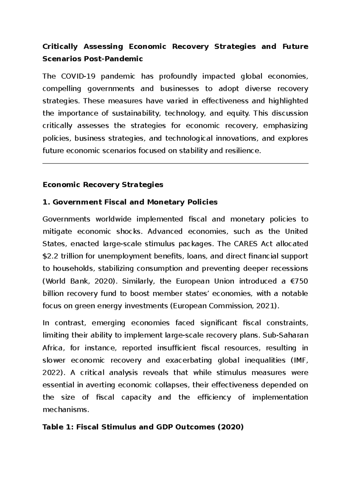 Critically Assessing Economic Recovery Strategies and Future Scenarios ...