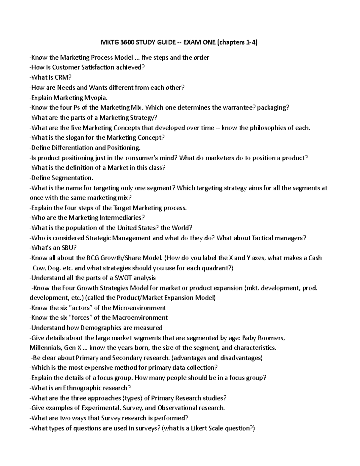 MKTG 3600 Study Guide for Exam One: Key Concepts from Chapters 1-4 ...