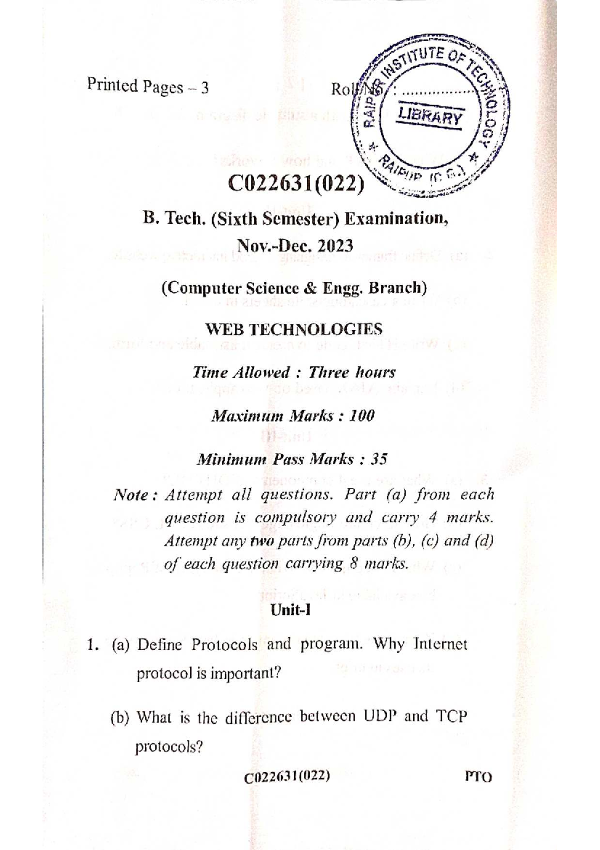 B. Tech C022631(022) Web Technologies Exam Paper Nov-Dec 2023 - Studocu