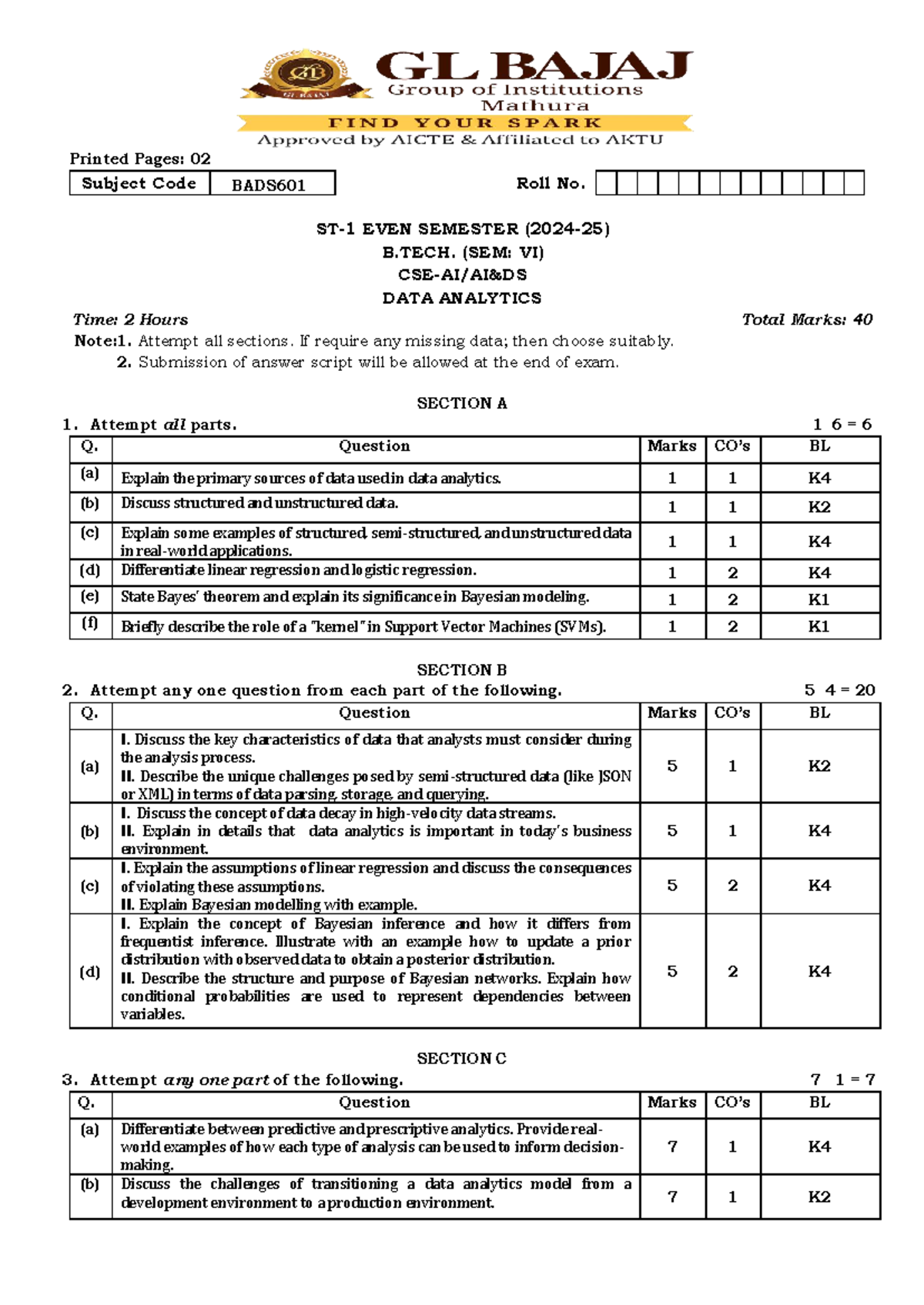 DA BADS601 Data Analytics Midterm Exam Paper Set-2 2024-25 - Studocu