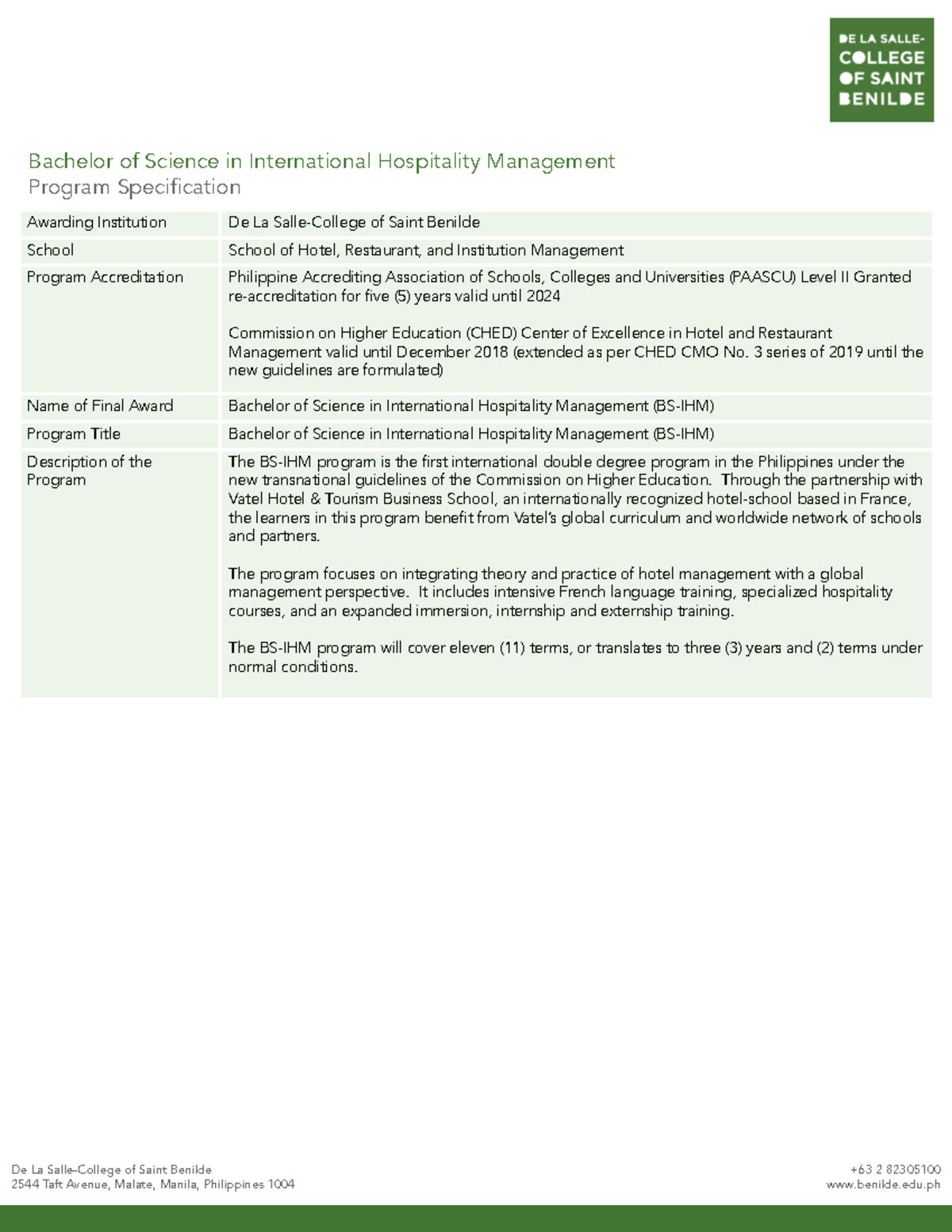 [BS-IHM] Program Specification for International Hospitality Management ...