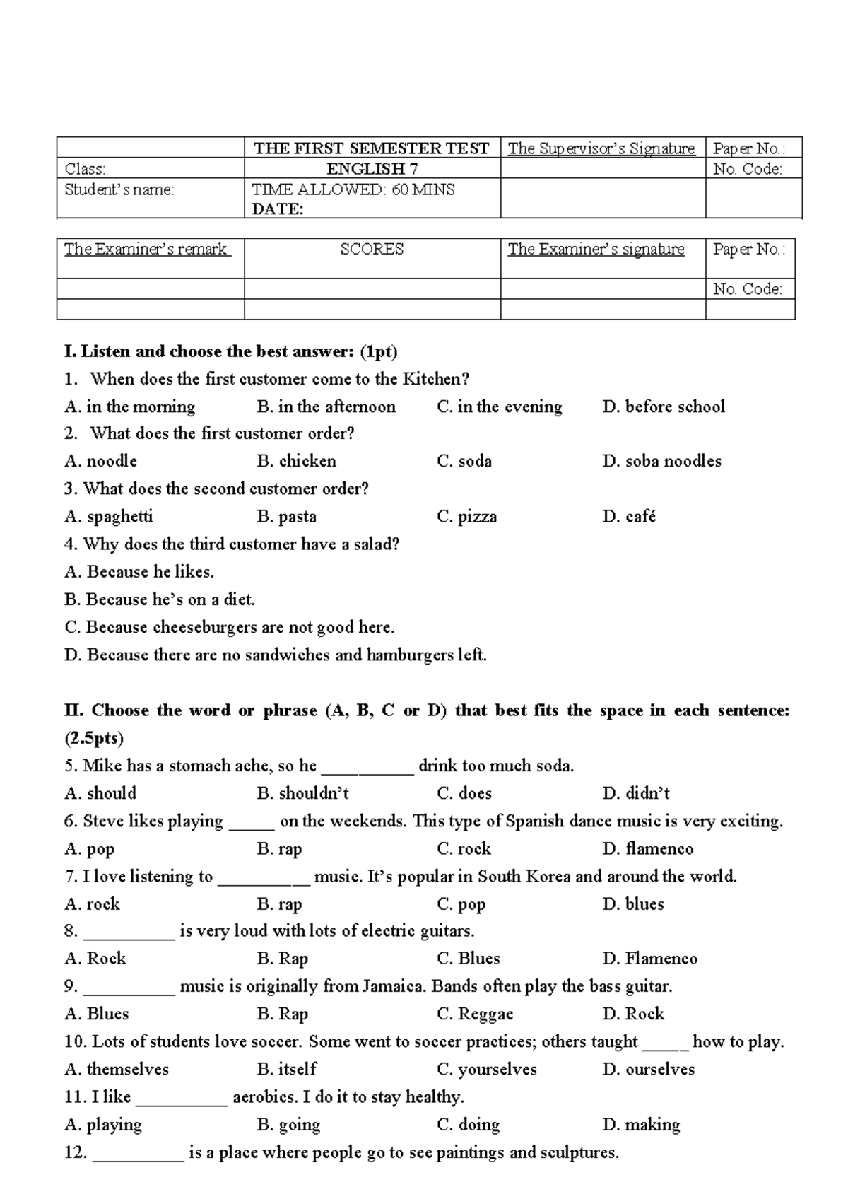 English 7: First Semester Test (SW7) - Listening & Reading ...