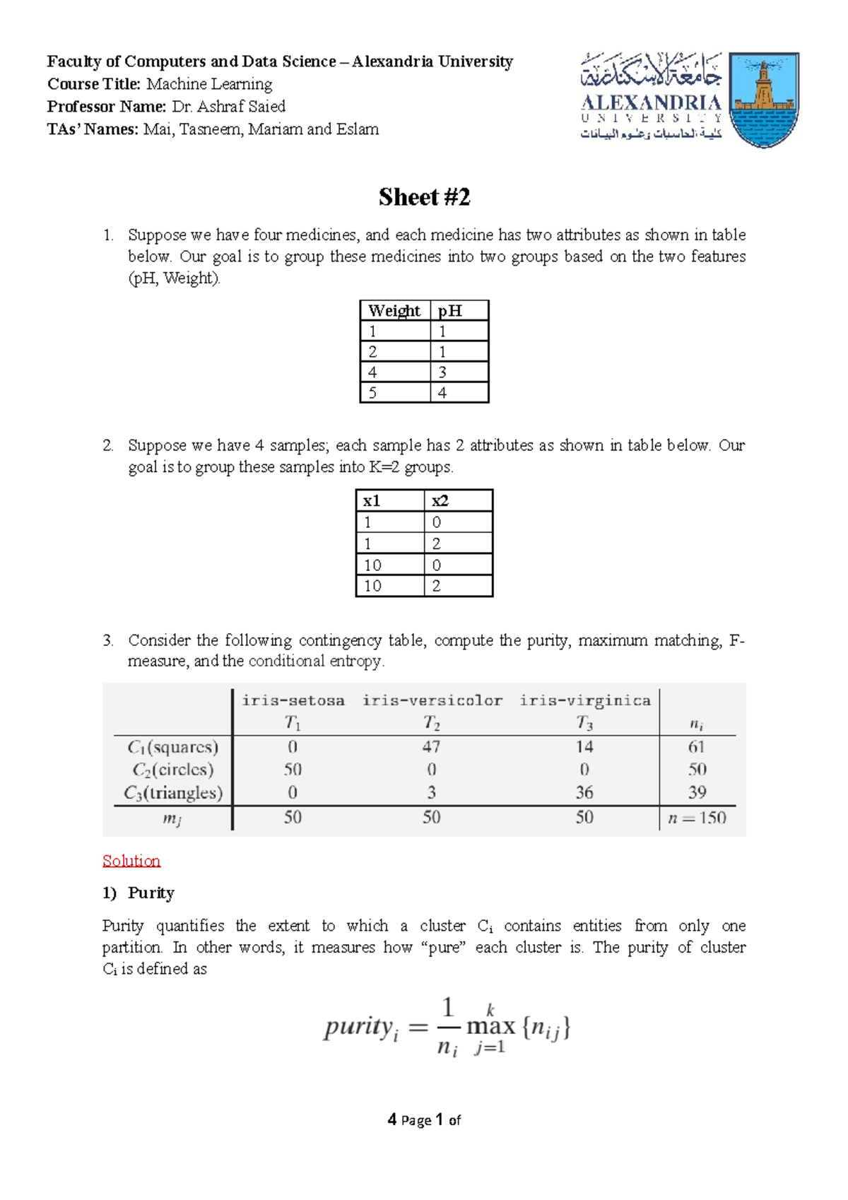 ML - Sheet 2 - Key Concepts in Machine Learning Clustering - Studocu