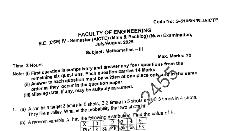 B.E. (CSE) IV Sem Mathematics Exam Notes - Aug 2025 - Studocu