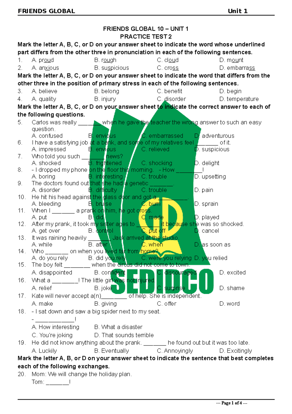 Unit 1 - Practice Test 2 - FRIENDS GLOBAL 10 - Studocu