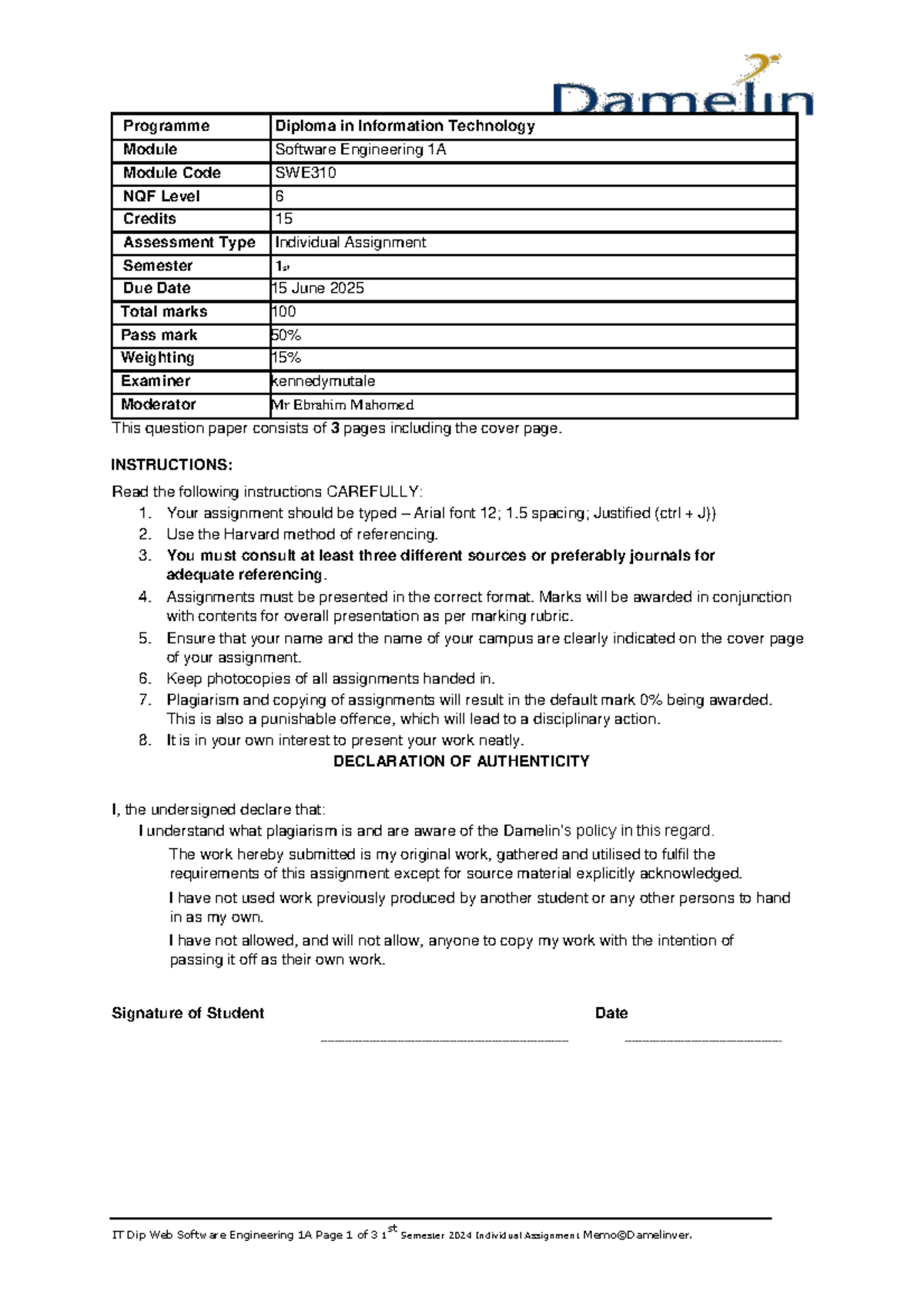 Software Engineering 1A Individual Assignment - SWE310 (2024) - Studocu