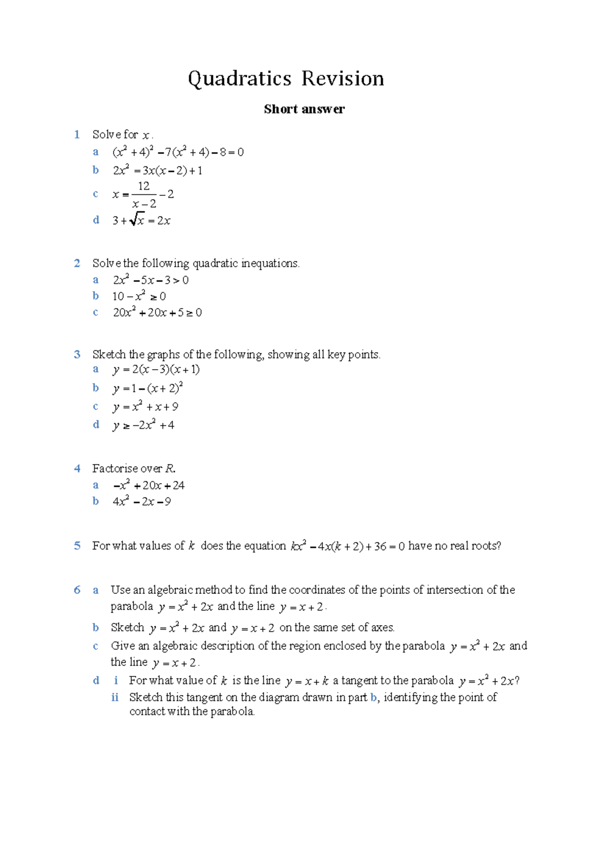 Quadratics Revision: Short Answer & Multiple Choice Questions - Studocu