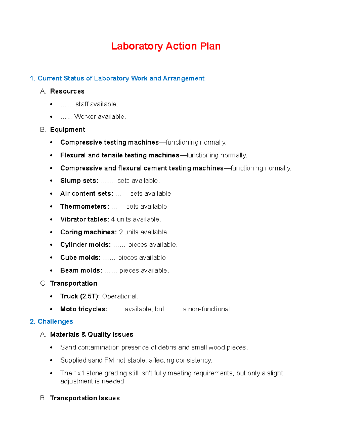 Action Plan 1: Lab Work Status & Improvement Strategies - Studocu