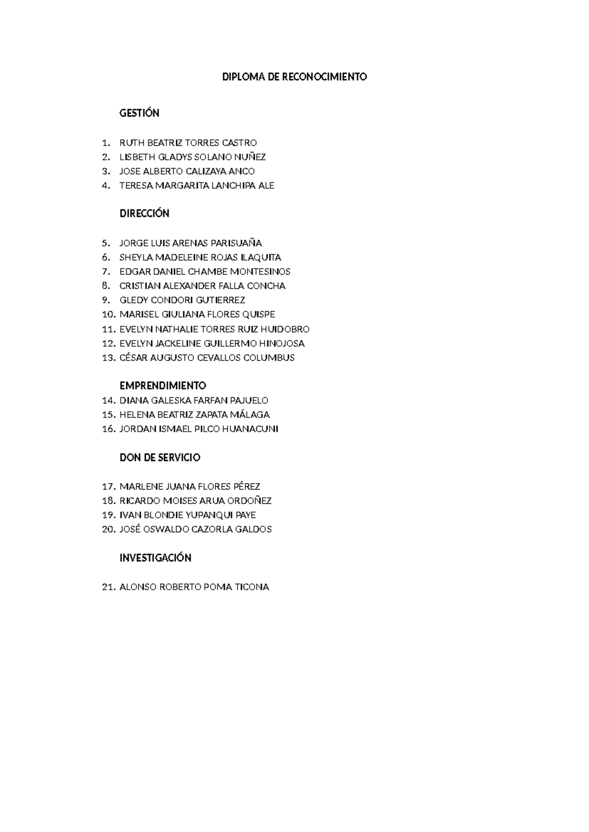 Diploma de Reconocimiento: Lista de Graduados y Evaluaciones - Studocu