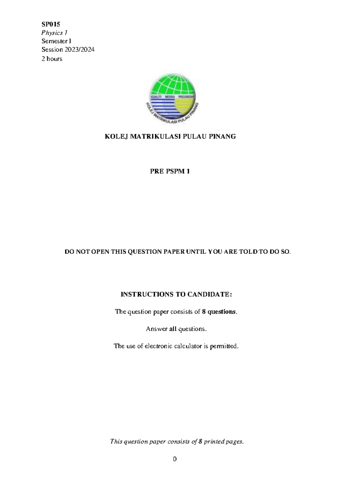 SP015 Physics 1 Semester I Exam Questions & Solutions - Studocu