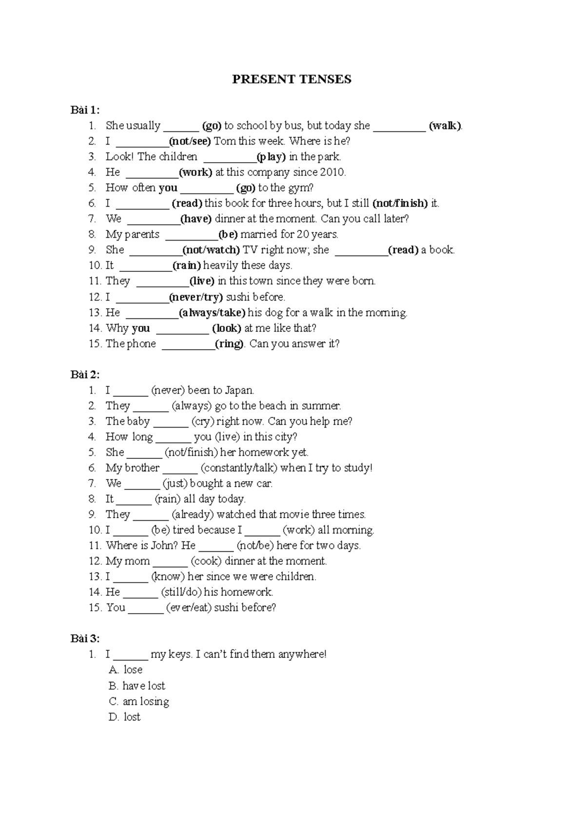 Present Tenses Practice Exercises and Activities - Studocu