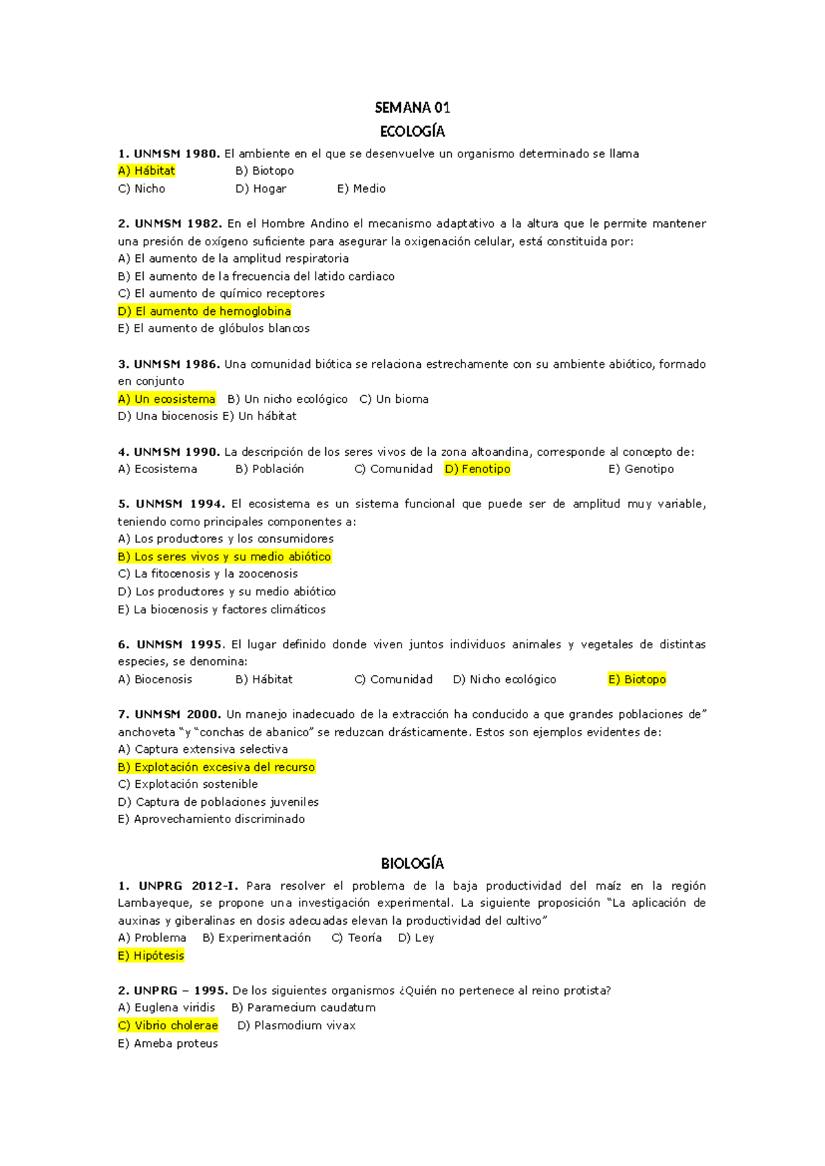 Banco de Preguntas - Ecología y Biología UNMSM y UNPRG - Document Preview