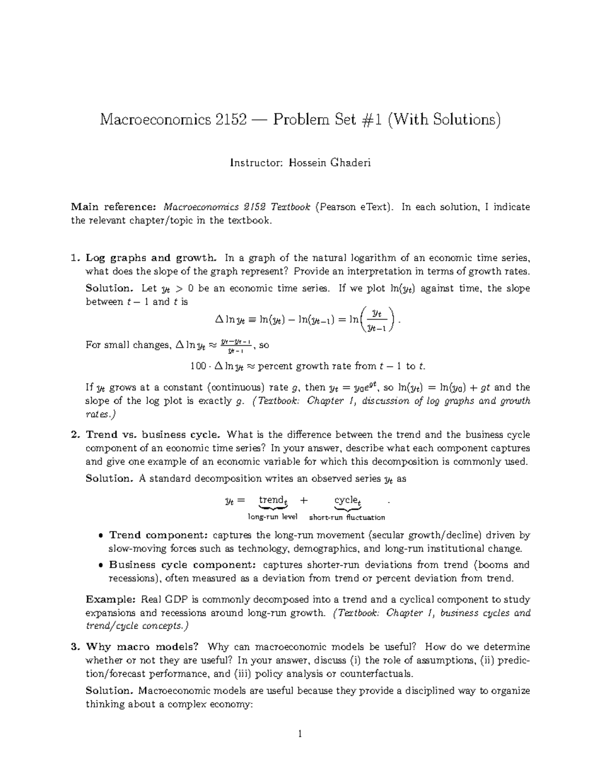 Econ 2152 Problem Set Solutions: Macroeconomics Practice Guide - Studocu