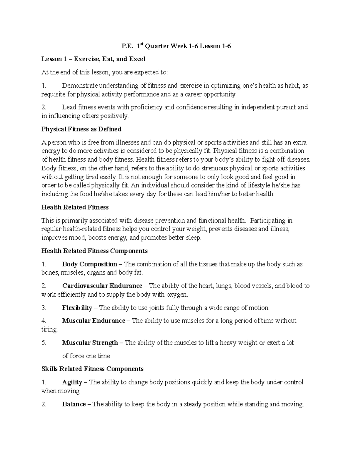 PE 1-6: Lessons on Fitness, Exercise, and Nutrition - Studocu