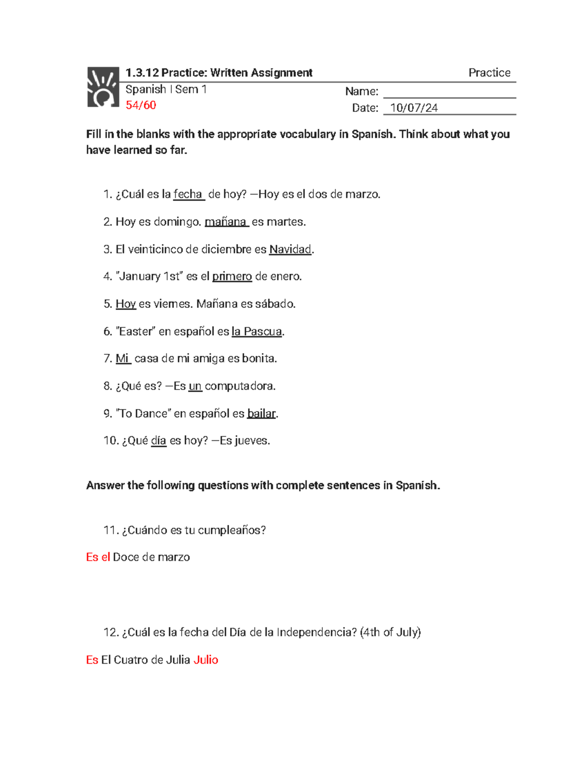 1.3.12 Spanish I Sem 1 - Practice Written Assignment Answers - Studocu