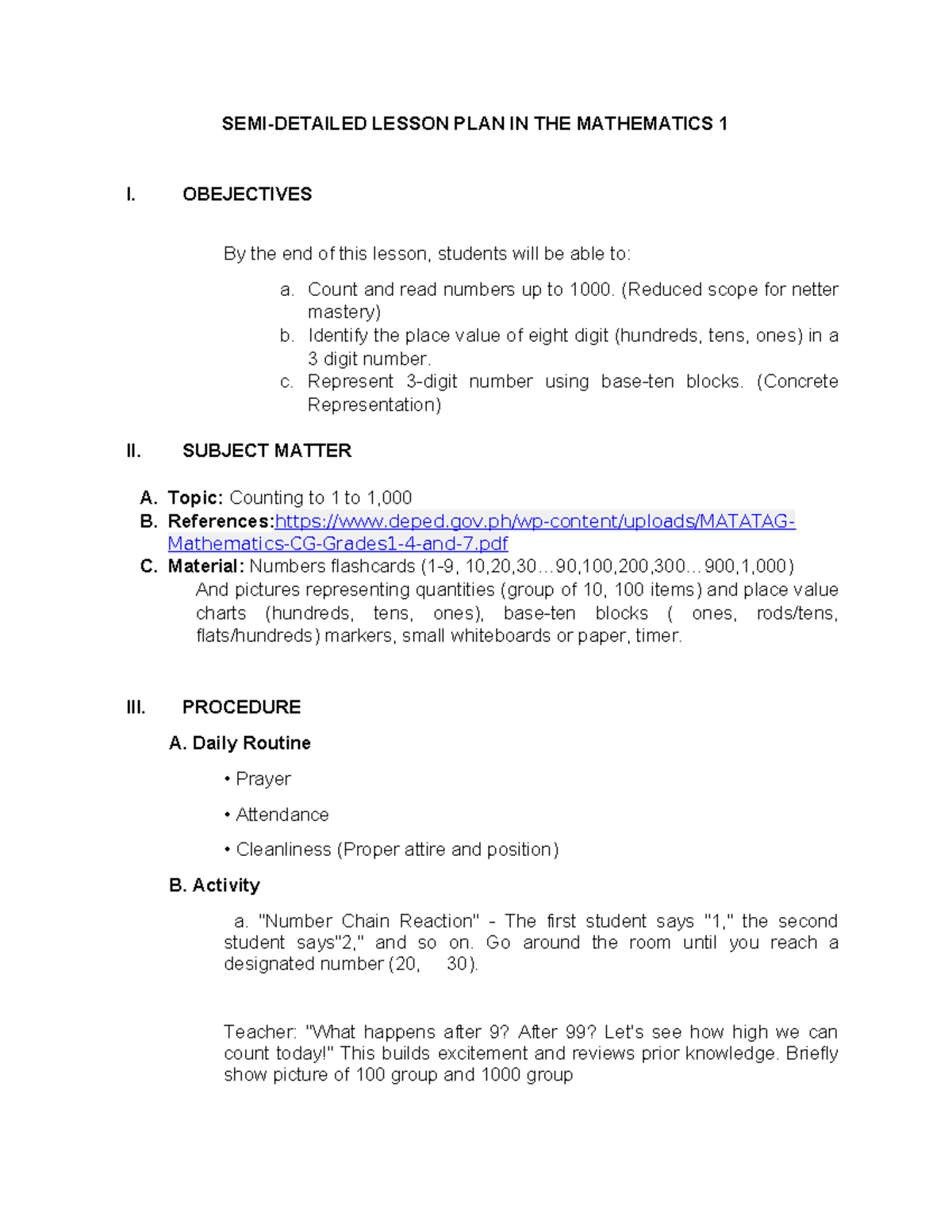 LESSON PLAN: MATHEMATICS 1 - COUNTING & PLACE VALUE - Studocu