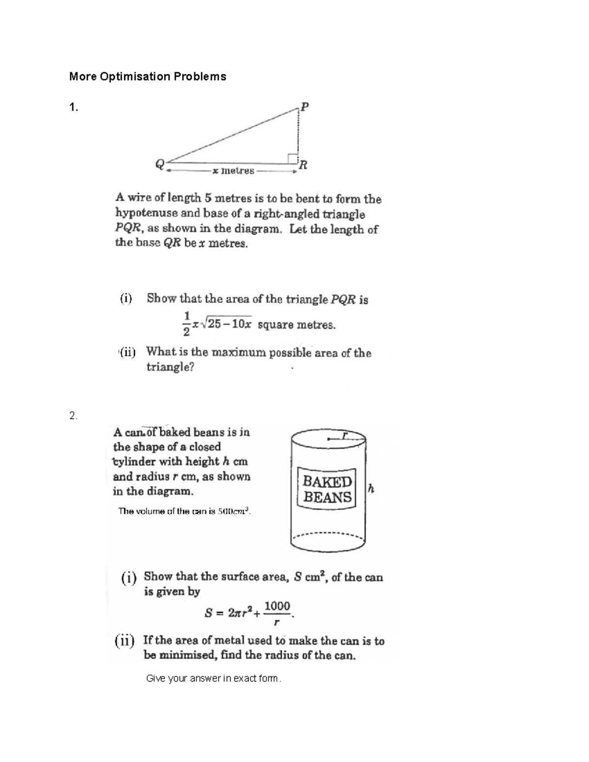 Optimisation Problems - 2. Give your answer in exact form. 3. Answers 1 ...