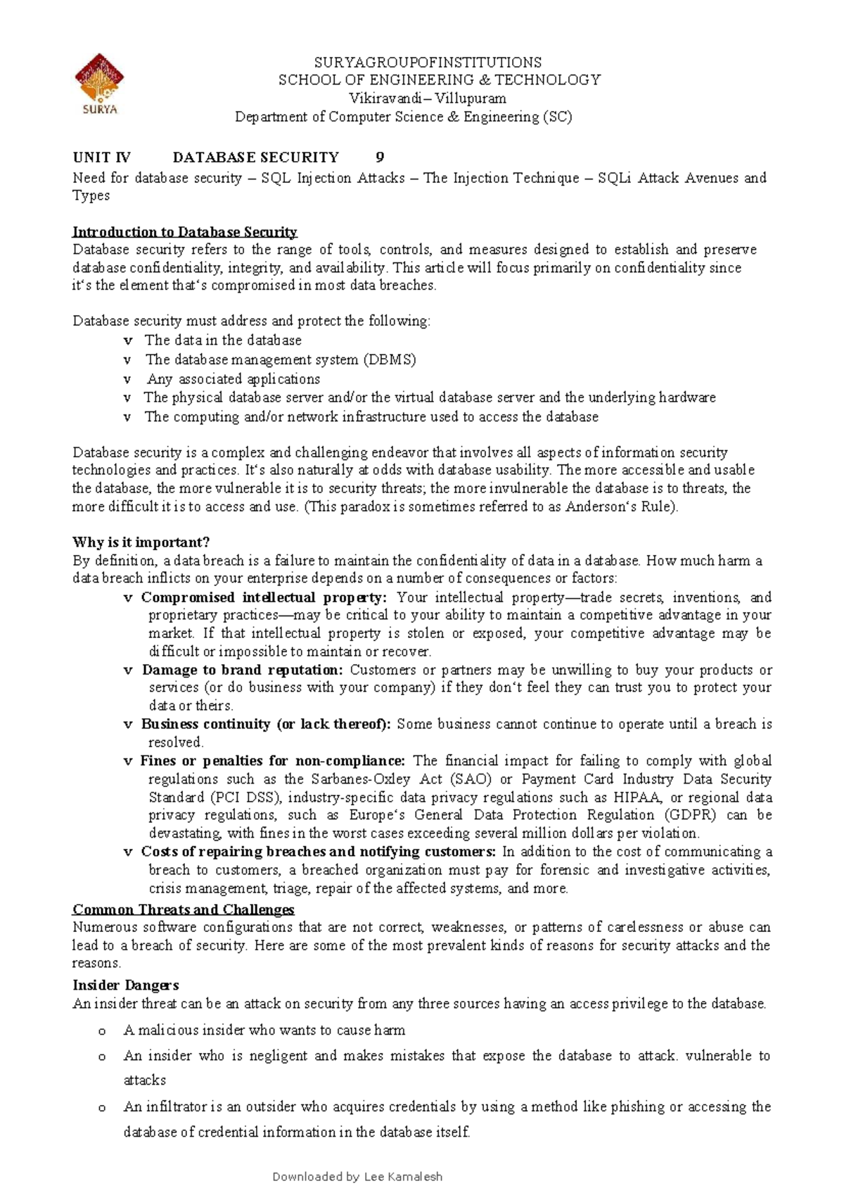Unit IV CSE (SC) Database Security: SQL Injection Attacks & Protection ...