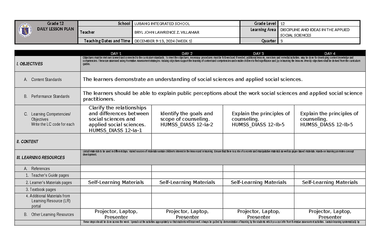 WEEK 1 - LESSON PLAN - Grade 12 DAILY LESSON PLAN School LUBANG ...