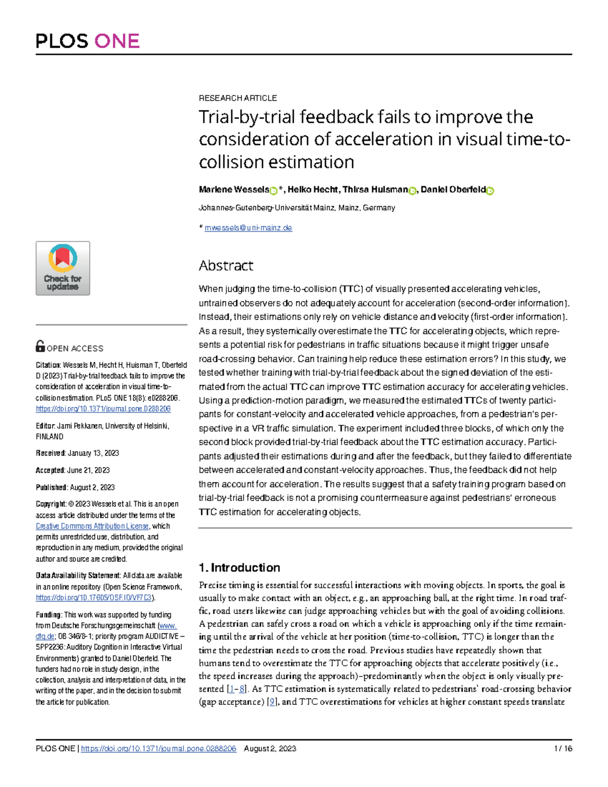 PLOS ONE Research Article: Trial-by-Trial Feedback and Acceleration in ...