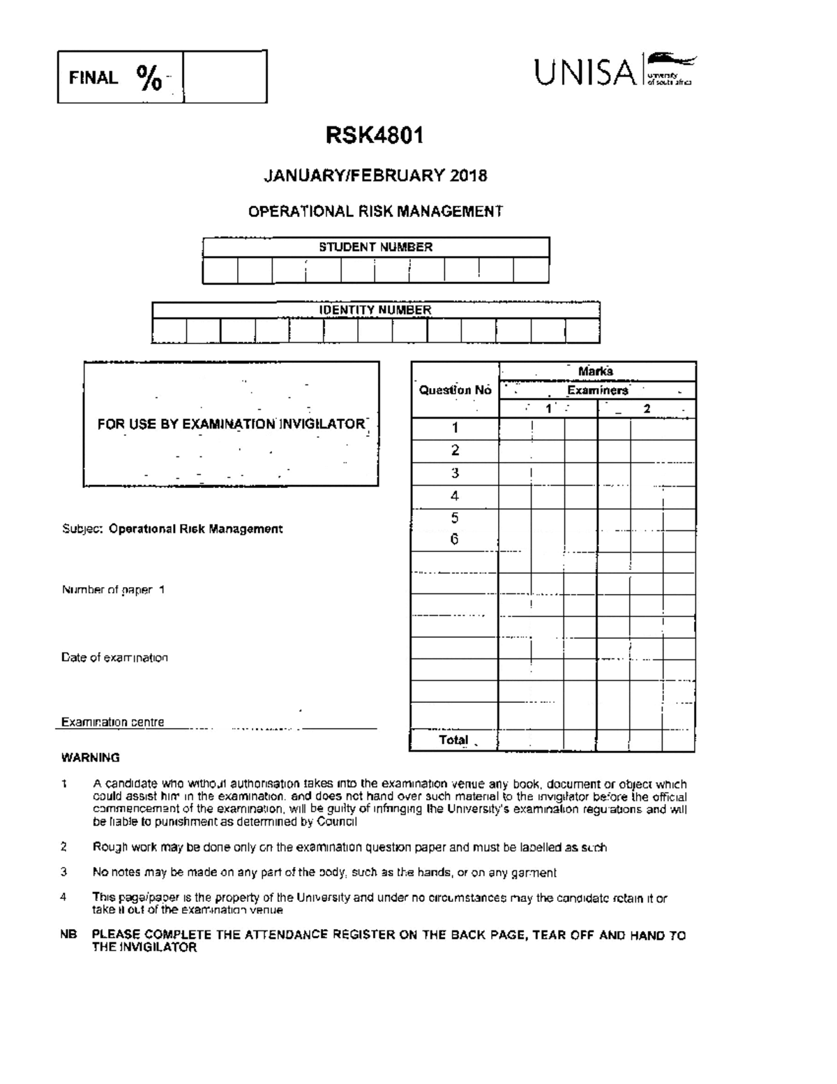 Jan 2018 exam - EXAM PAPER - FINAL UNISA university of south africa ...