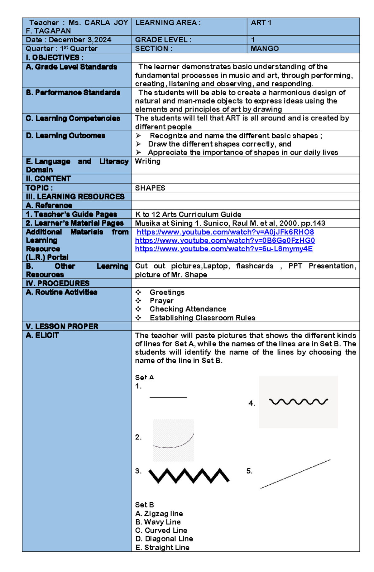 Grade 1 ARTS: Understanding Shapes Lesson Plan by Ms. Tagapan - Studocu