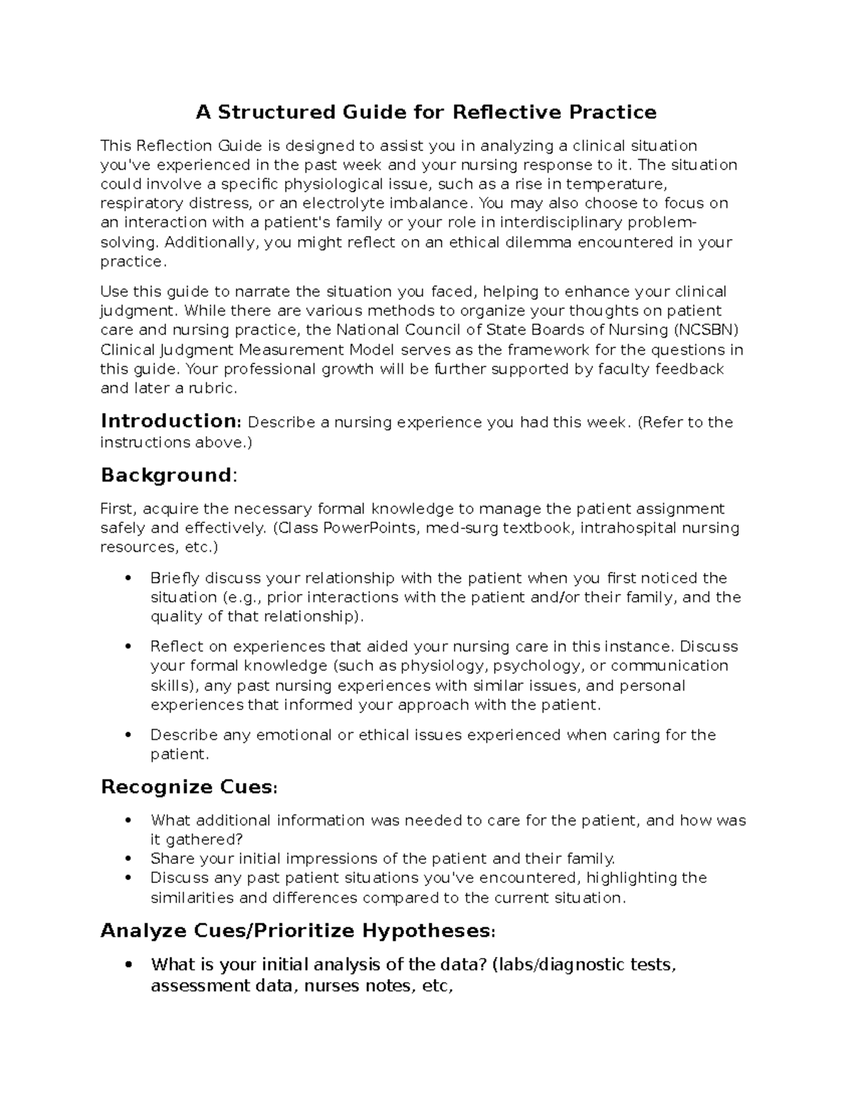Reflective Practice Guide for Nursing - Clinical Analysis 9-25-2024 ...