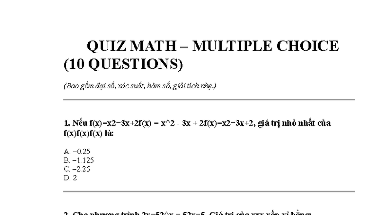 QUIZ MATH 10 MCQs: Algebra, Probability, Functions, Calculus - Studocu