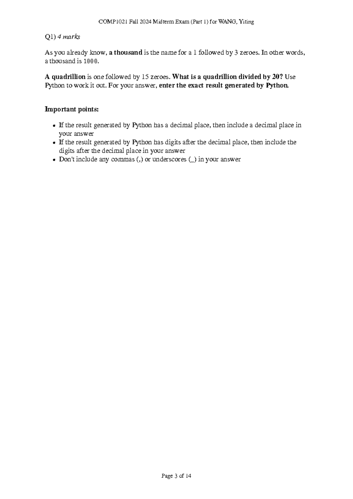 COMP1021 Fall 2024 Midterm Exam (Part 1) Solutions for WANG, Yiting ...