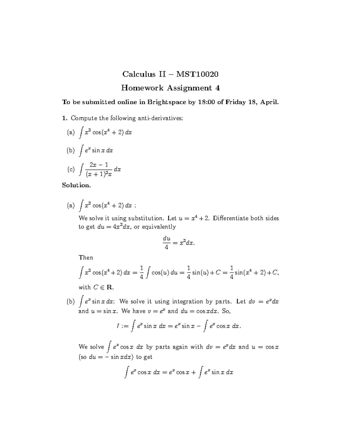 Calculus II – MST10020 Homework Assignment 4 Solutions - Studocu