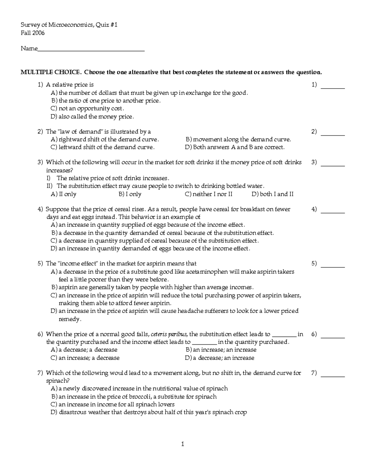 Micro quiz1 - practice - Survey of Microeconomics, Quiz Fall 2006 ...