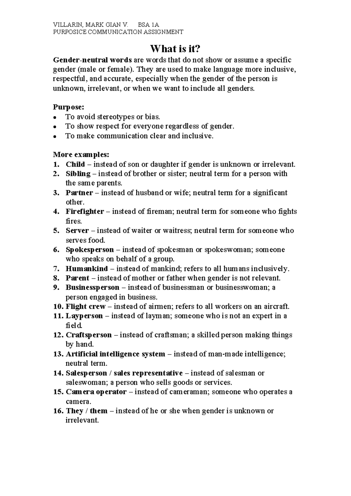 BSA 1A Purpose Communication Assignment: Gender-Neutral Language Notes ...