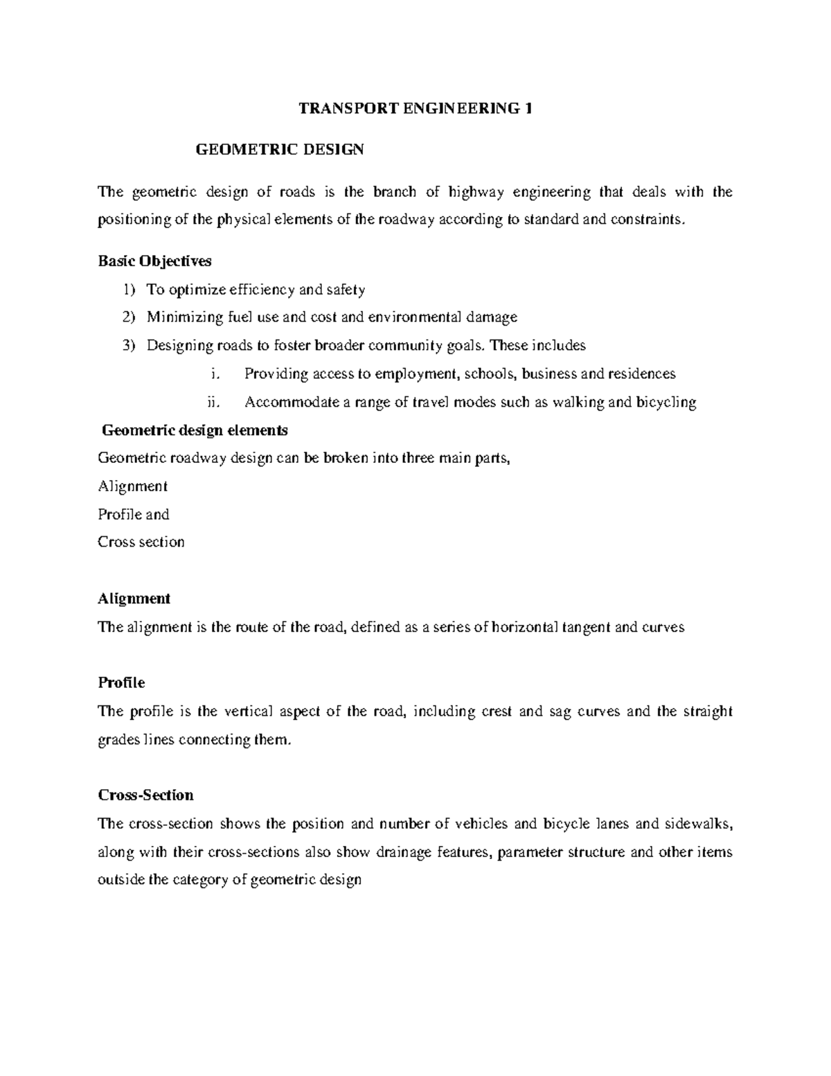 Transport Engineering 1: Geometric & Pavement Design Notes - Studocu