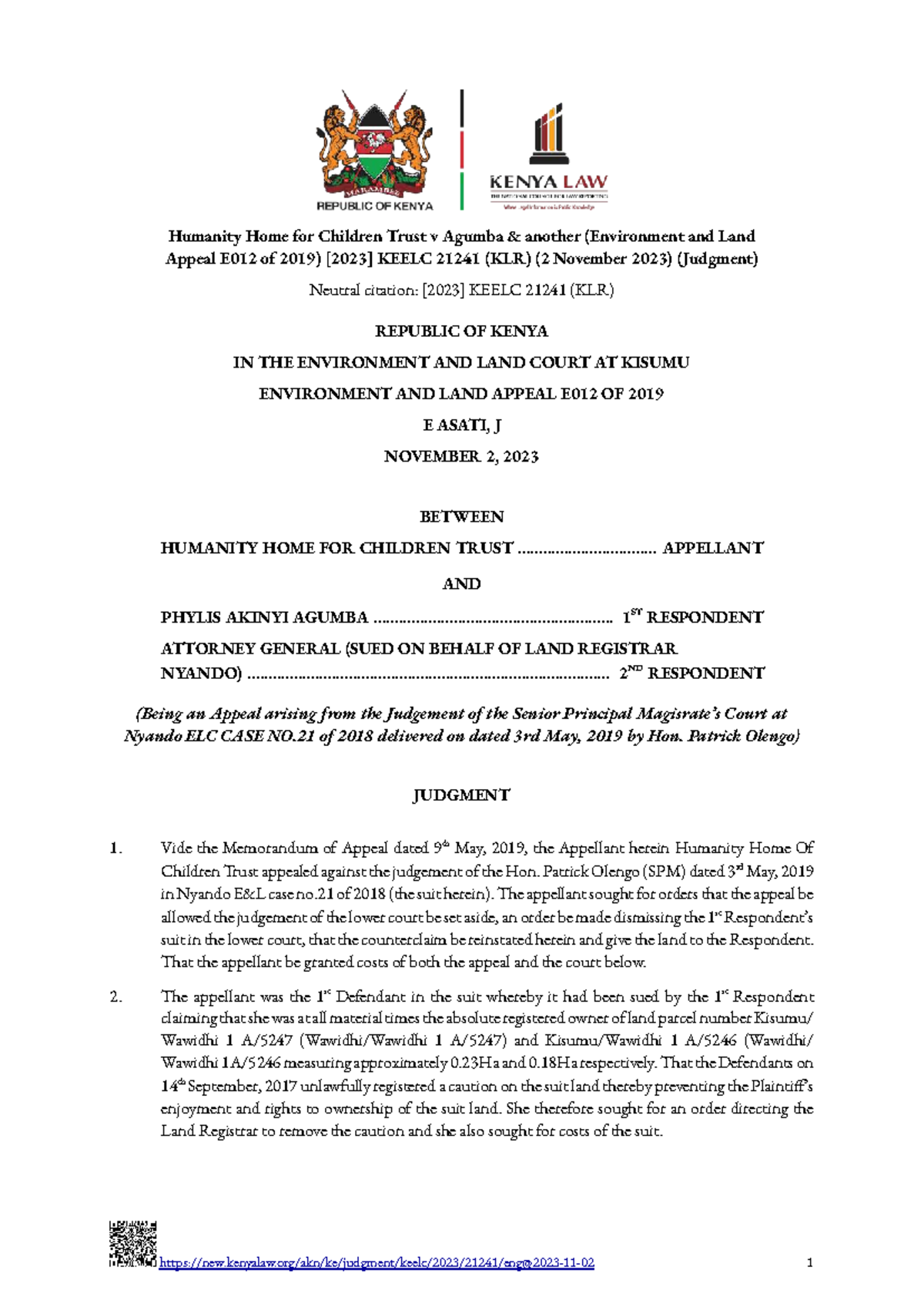 Humanity Home for Children Trust v Agumba (Env. & Land Appeal E012/2019 ...